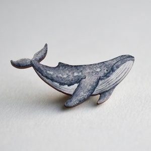 Humpback Whale Pin Badge, Illustrated wooden jewellery. Hand made.