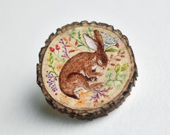 Sleeping Rabbit/Hare log slice pin badge- Wooden illustrated jewellery.