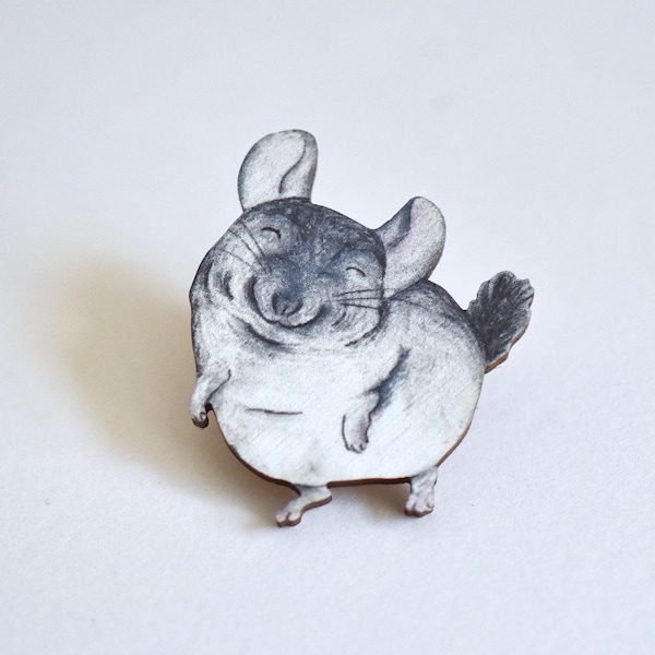 Wooden chinchilla pin badge, illustrated wooden jewellery, animal pin badge