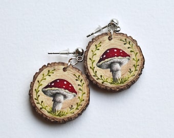 Toadstool Mushroom log slice earrings - Wooden illustrated nature jewellery.