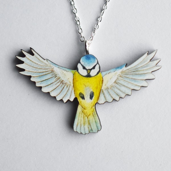 Collier Flying Blue Tit Bird - Bijoux en bois illustrés