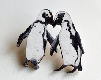 Penguin Love Heart Pin Badge,  illustrated wooden jewellery, eco friendly gift