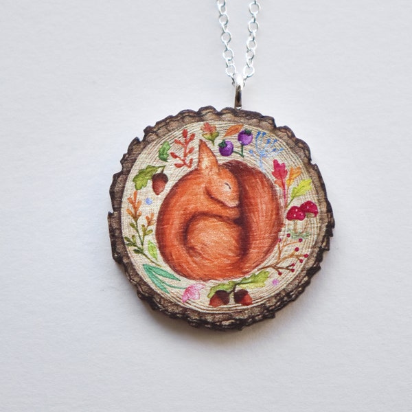 Sleeping squirrel log slice necklace, Wooden illustrated jewellery, squirrel gift