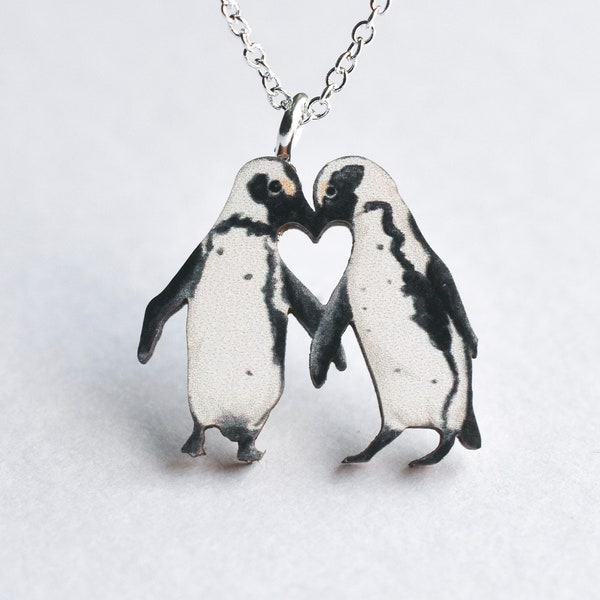 Penguin Love Heart Ketting - geïllustreerde houten sieraden