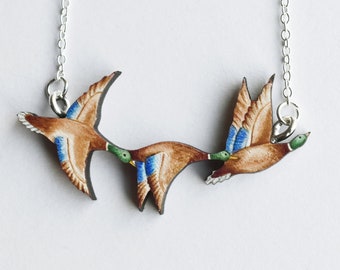 Flying ducks Necklace - Illustrated Wooden Jewellery