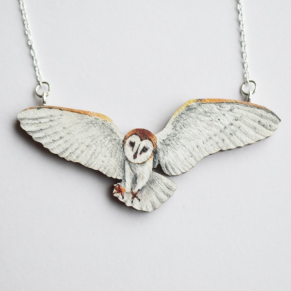 Fliegende Schleiereule Vogel Halskette, illustrierter Holzschmuck, umweltfreundliches Geschenk