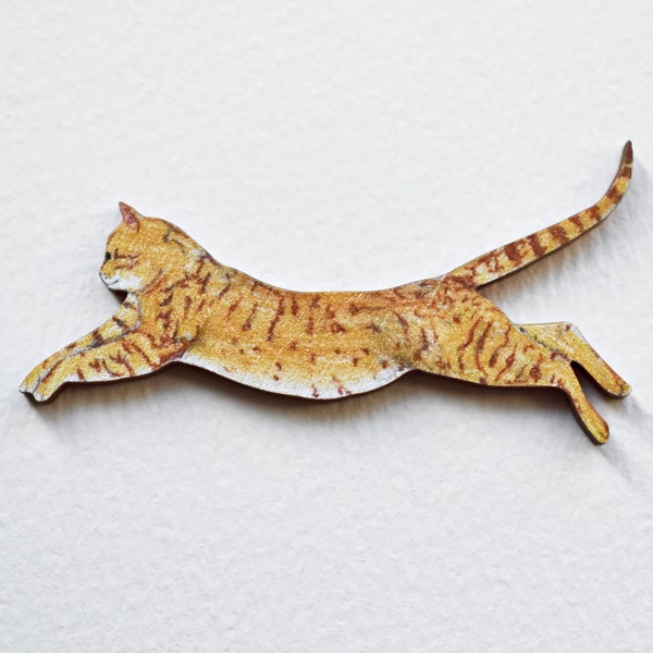 Ginger Tabby Cat Brooch,  Illustrated Wooden Jewellery,  Art badge , Gift for cat lover.