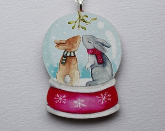 Rabbit Couple Snow Globe Necklace - illustrated wooden jewellery for Christmas