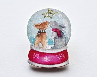 Rabbit Couple Snow Globe Brooch - illustrated wooden jewellery for Christmas