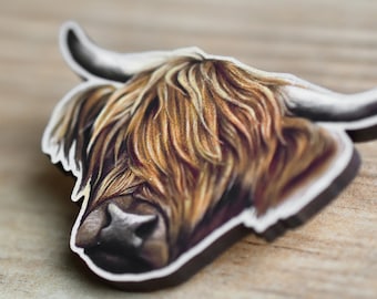 Highland Cow Pin Badge, Illustrated Wooden Jewellery, Eco Friendly Wearable Art
