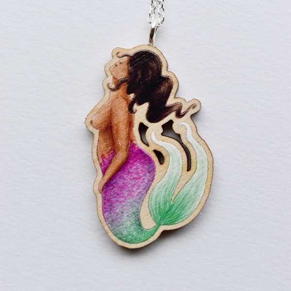 Mermaid Necklace (Fan-Tail) - Wooden illustrated jewellery.