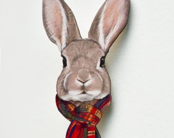 Rabbit in scarf Pin Badge, winter bunny, Illustrated Eco Friendly Wooden Jewellery, wearable art