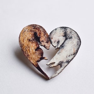 Ferret Love Pin Badge - Illustrated Wooden Jewellery
