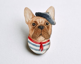 French Bulldog Pin Badge,  Illustrated Wooden Jewellery,  Art Brooch, french bulldog gift for dog lover.