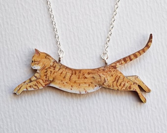 Ginger Tabby Cat Necklace,  Illustrated Wooden Jewellery, Art necklace, Gift for Cat lover.