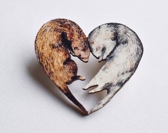 Ferret Love Pin Badge - Illustrated Wooden Jewellery