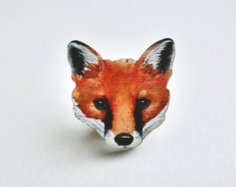 Fox face pin badge, illustrated wooden jewellery, wearable art, fox gift