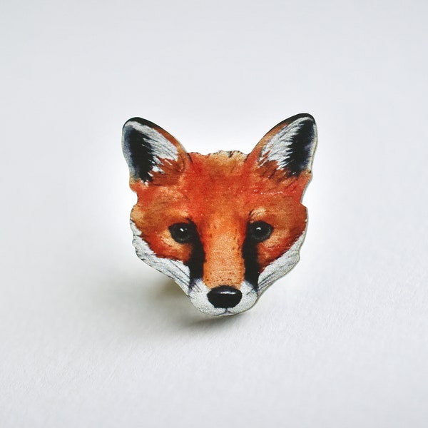 Fox face pin badge, illustrated wooden jewellery, wearable art, fox gift