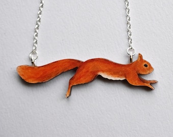 Leaping Red Squirrel Necklace - Illustrated Wooden Jewellery