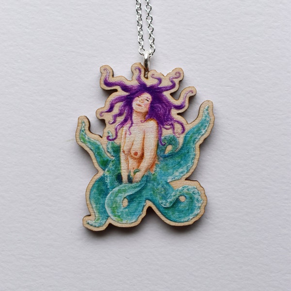 Mermaid Necklace (Octopus Tail) - Wooden illustrated jewellery.