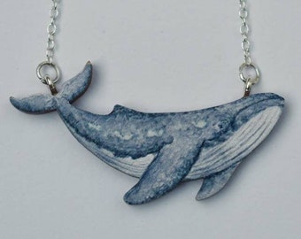 Humpback Whale Necklace, Illustrated wooden jewellery. Hand made.