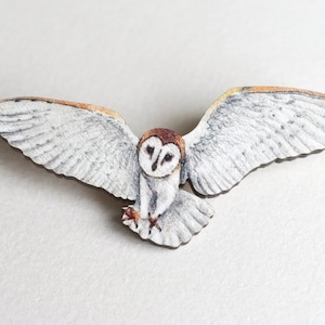 Flying Barn Owl Pin Badge, Illustrated Wooden Jewellery, Bird Brooch