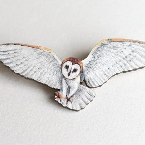 Flying Barn Owl Pin Badge, Illustrated Wooden Jewellery, Bird Brooch