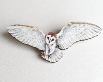 Flying Barn Owl Pin Badge, Illustrated Wooden Jewellery, Bird Brooch