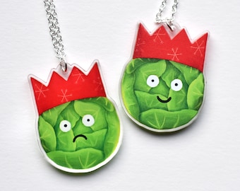 Christmas brussel sprout necklace, reversible double sided xmas jewellery, happy face and sad face