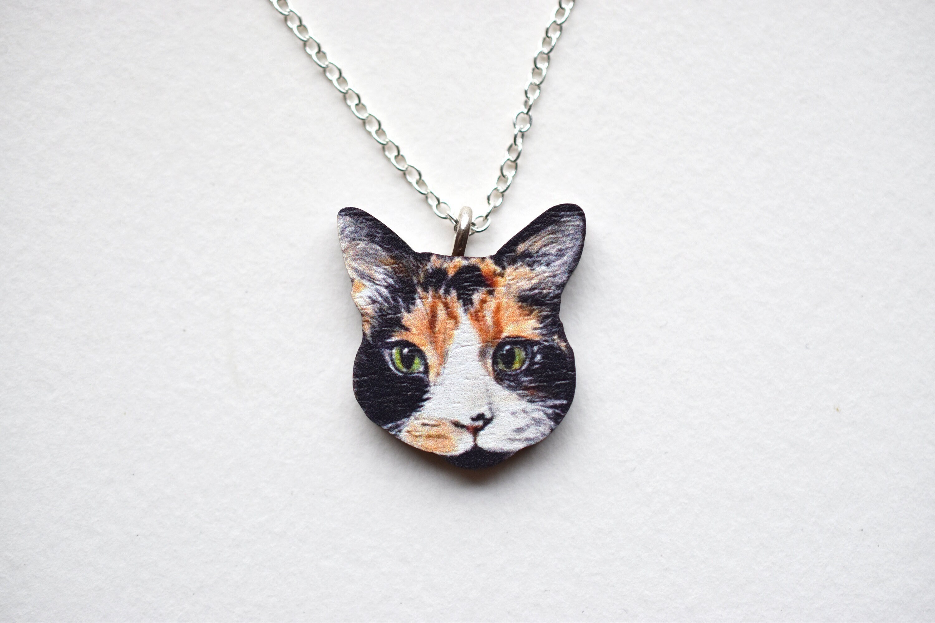 Tricolour Cat Face Necklace,  Illustrated Wooden Jewellery,  Art Necklace , Gift for cat lover.