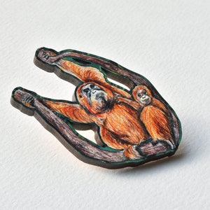 Orangutan Pin Badge, Mother and Baby Child, Illustrated Wooden Jewellery, Eco Friendly Wearable Art image 2