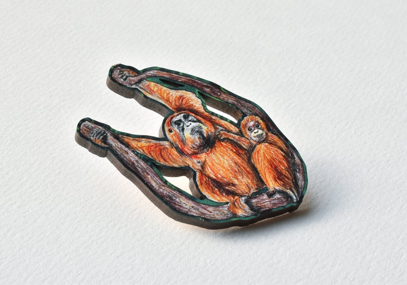Orangutan Pin Badge, Mother and Baby Child, Illustrated Wooden Jewellery, Eco Friendly Wearable Art image 2