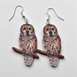 Tawny Owl Earrings, Illustrated wooden jewellery, hand drawn design
