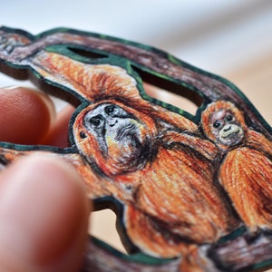 Orangutan Pin Badge, Mother and Baby Child, Illustrated Wooden Jewellery, Eco Friendly Wearable Art image 4