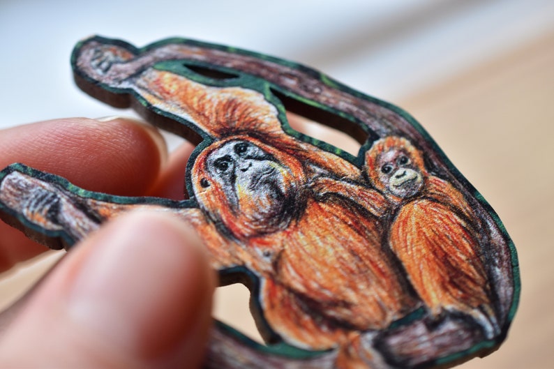 Orangutan Pin Badge, Mother and Baby Child, Illustrated Wooden Jewellery, Eco Friendly Wearable Art image 4