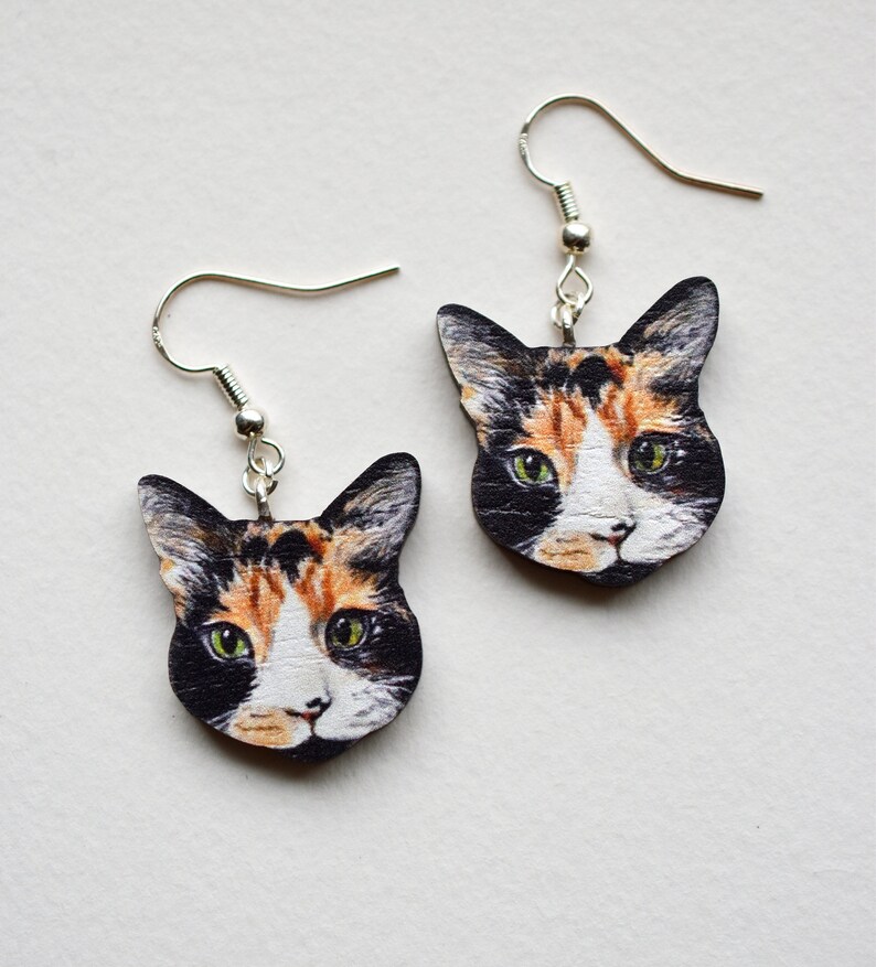 Tricolour Cat Face Earrings, Illustrated Wooden Jewellery, Art Earrings , Gift for cat lover. image 1