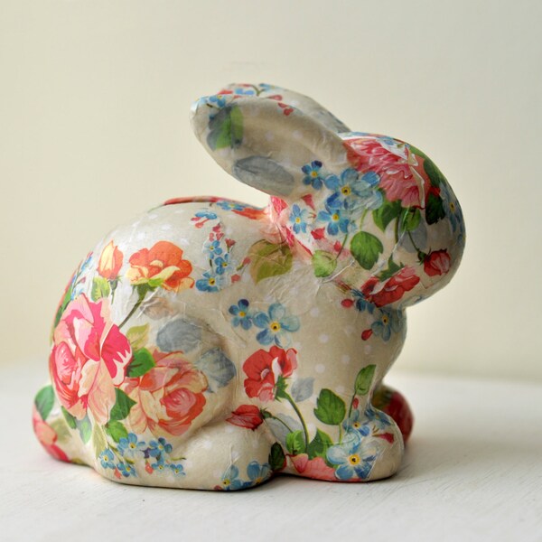 Decoupaged Bunny Rabbit Money Box - Shabby Chic Floral Pattern