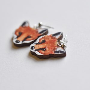 Fox face earrings wooden illustrated jewellery. image 2