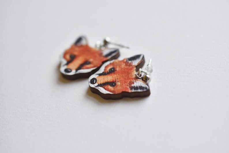 Fox face earrings wooden illustrated jewellery. image 2