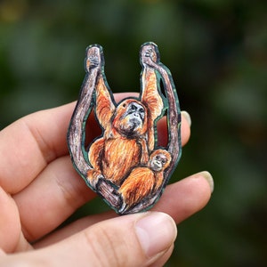 Orangutan Pin Badge, Mother and Baby Child, Illustrated Wooden Jewellery, Eco Friendly Wearable Art image 3