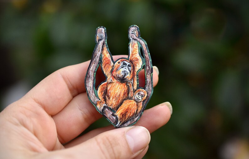 Orangutan Pin Badge, Mother and Baby Child, Illustrated Wooden Jewellery, Eco Friendly Wearable Art image 3