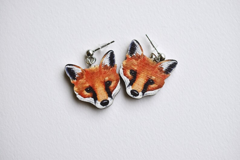 Fox face earrings wooden illustrated jewellery. image 1
