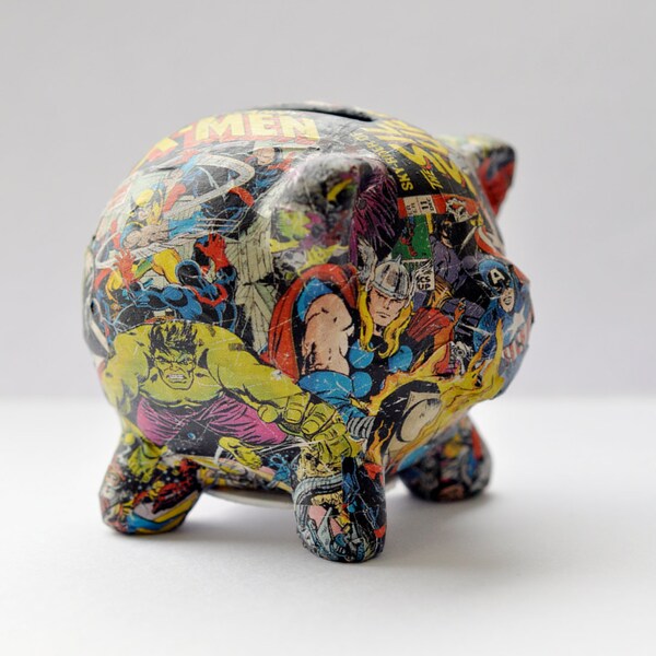 Decoupaged Marvel Superheroes Piggy Bank