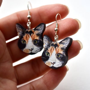 Tricolour Cat Face Earrings, Illustrated Wooden Jewellery, Art Earrings , Gift for cat lover. image 3