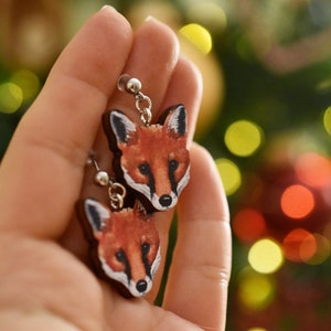 Fox face earrings wooden illustrated jewellery. image 5