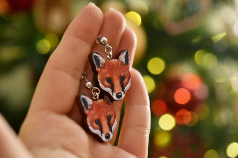 Fox face earrings wooden illustrated jewellery. image 5
