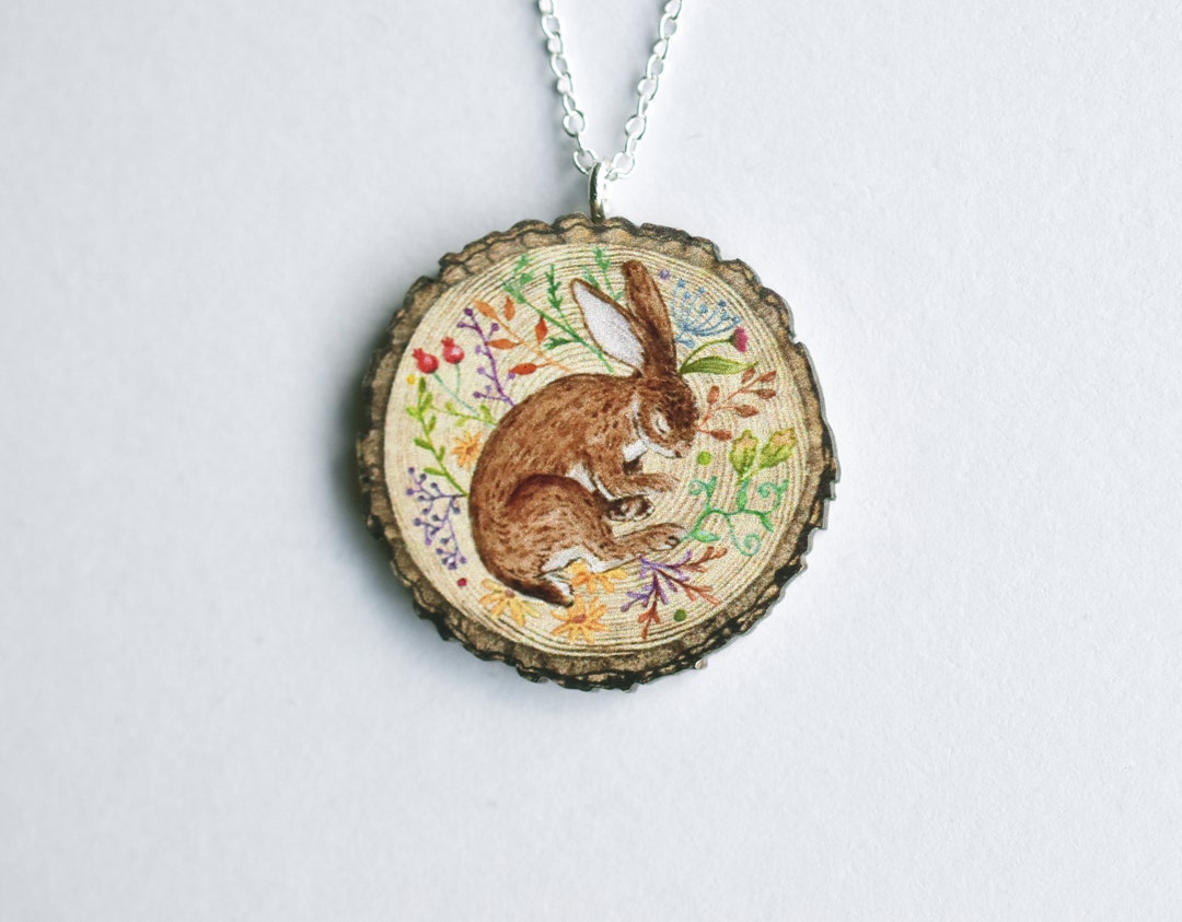 Sleeping Rabbit/hare Log Slice Necklace- Wooden Illustrated Jewellery ...