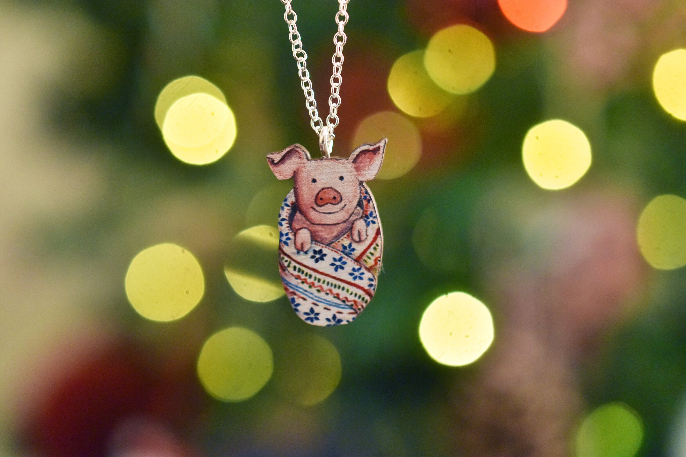 Pig in a Blanket Necklace Illustrated Wooden Jewellery for Etsy UK