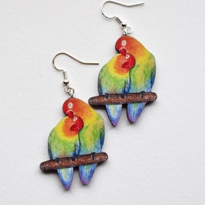 Love is Lovebirds earrings, illustrated wooden jewellery, bird earrings