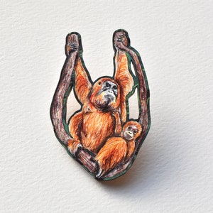 Orangutan Pin Badge, Mother and Baby Child, Illustrated Wooden Jewellery, Eco Friendly Wearable Art image 1